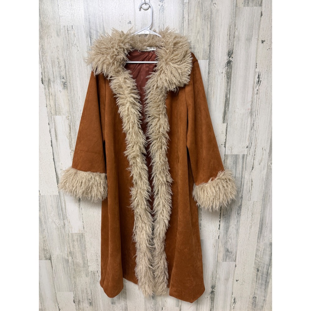 Penny Lane Coat Faux Suede Fur Trim Long Western Boho 70s Hippie Retro 2XL
